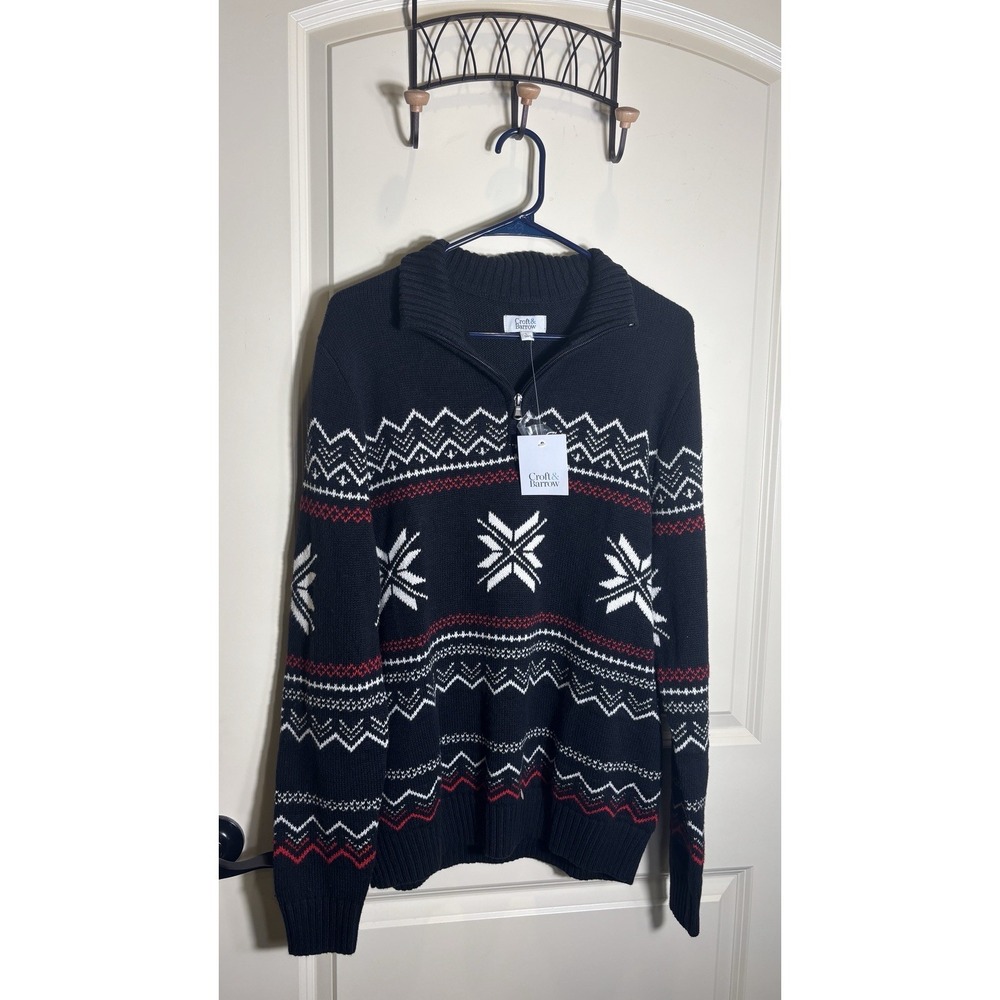 NWT Croft & Barrow Men's Large Sweater 1/4 Zip Mock Neck Snowflakes Black